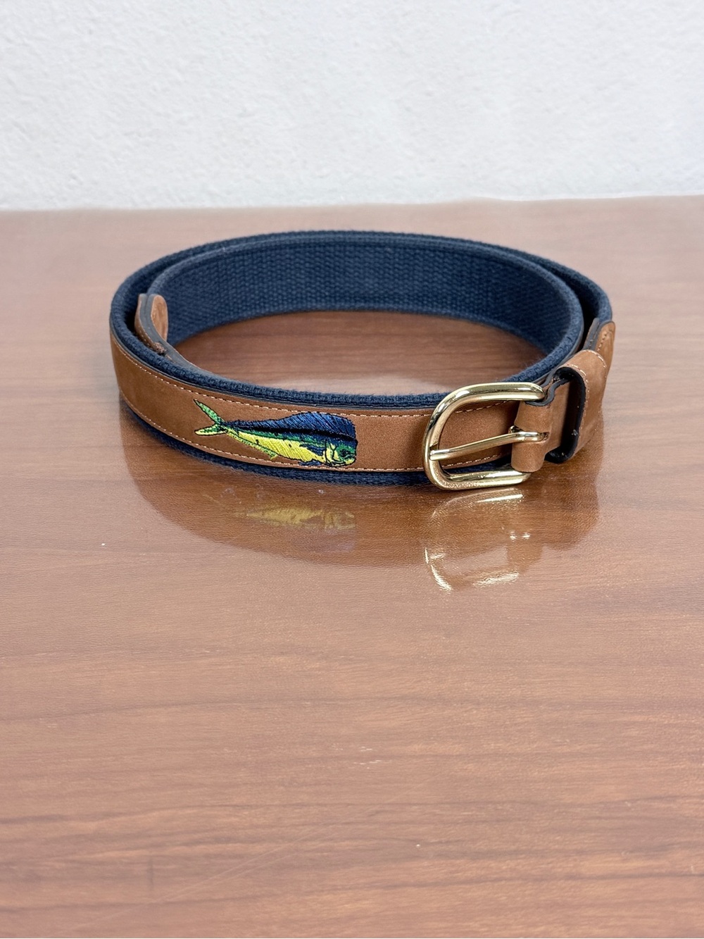 World Wide Sportsman Navy & Brown Leather Embroidered Fish Belt 40